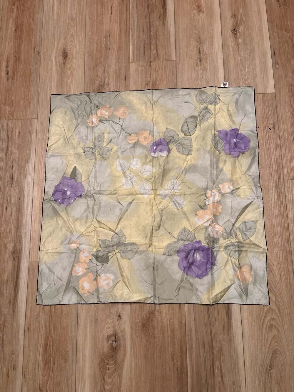 Triangle Pure Silk Hand Printed Floral Scarf Size 90cm Beige Purple